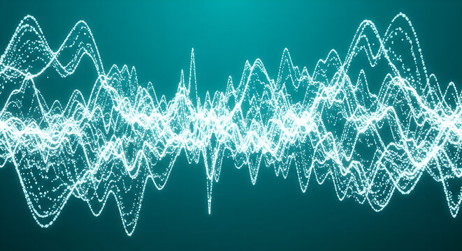 Digital audio waveform visualization with glowing light particles on a teal background
