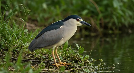 Fototapeta premium Night heron standing by waters edge amongst greenery in daylight