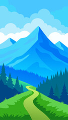 Vibrant cartoon style landscape with winding path through green hills towards blue mountains and fluffy clouds