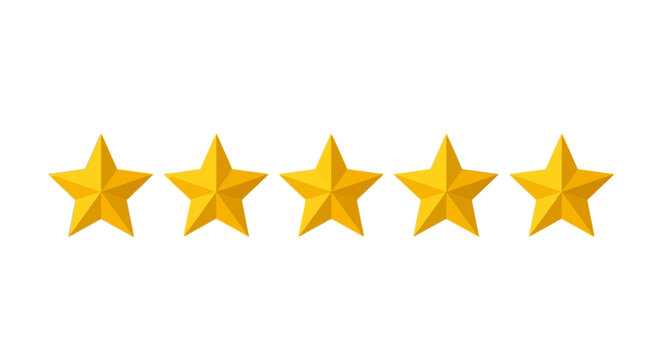 A row of five golden stars, representing a perfect rating or high score, isolated on a white background.