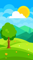 Obraz premium Vibrant cartoon landscape with a large green tree rolling hills and a bright sun