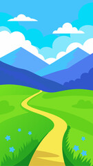 Fototapeta premium Vibrant cartoon landscape with a winding yellow path through green hills and blue mountains under a cloudy sky