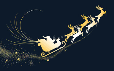 Santa claus and reindeer flying through the night sky with golden stardust