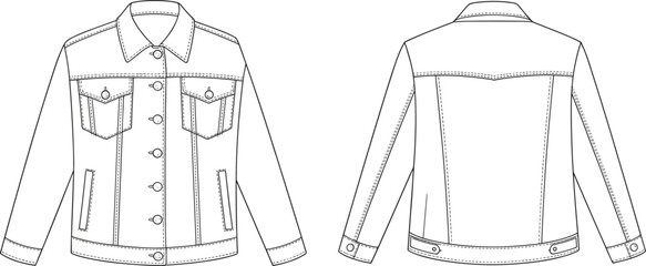 Denim jacket technical sketch, front and back view, fashion flat drawing, garment construction, vector illustration, apparel design, CAD drawing flat vector illustration