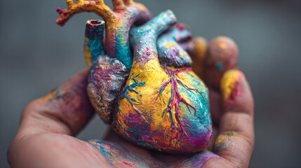 Obraz premium A surreal depiction of an abstract glowing heart held gently in a human hand, symbolizing emotion, care, and vulnerability through light, form, and contrast. 