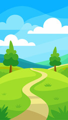 Obraz premium Cartoon landscape with a winding path through green hills under a blue sky with clouds
