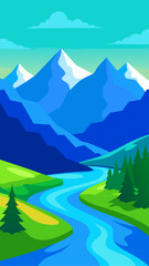 Stylized mountain landscape with a winding river and green hills