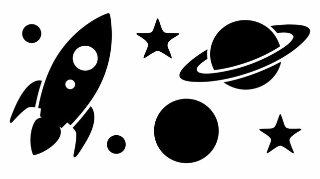 Bold space exploration graphic featuring rocket, planets, and stars, ideal for science, education or sci-fi themes, originally a scalable vector graphic