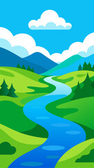 Obraz premium Stylized illustration of a winding river flowing through green hills and mountains under a blue sky with clouds