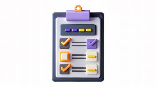 A colorful checklist on a clipboard featuring checkboxes and indicator buttons represented in 3D style.
