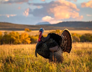 A wild turkey stands in golden field during sunset