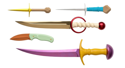 Isolated set of fantasy-style dagger weaponry for stage prop, theater, or cosplay design craftwork
