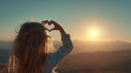 A girl shapes her hands into a heart, capturing the sun within the hands. The girl gazes at the sun while the surrounding mountains frame the sun in the sky.