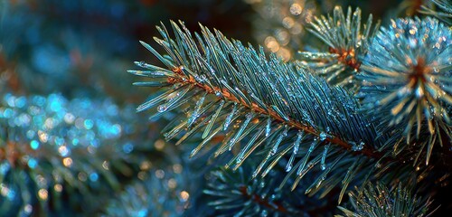 Close-up of frosty pine needles with soft bokeh lights, evoking winter's magic.