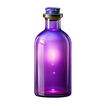 Purple potion bottle with stopper isolated on transparent background, magic elixir