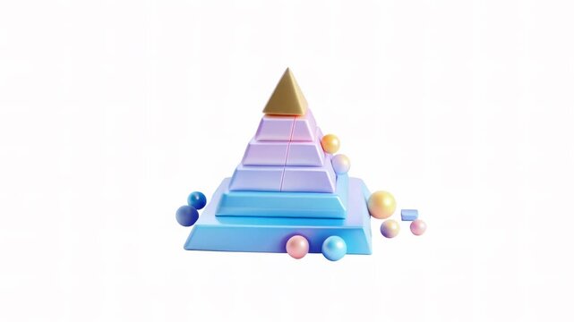 A colorful 3D pyramid with pastel layers and spheres around it, designed for visual display and animation.