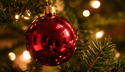 Close-up of a red Christmas ball. Ornament. Luxury.