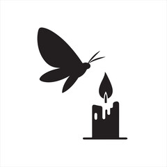 Moth flying toward candle flame vector silhouette clip art icons set collection
