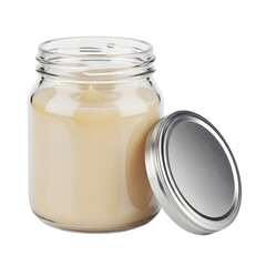 Open Jar of Rendered Beef Tallow with Lid, Healthy Cooking Fat for Keto Diet Isolated on White Background
