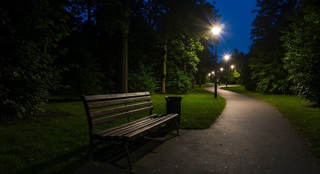 Nighttime park scene with bench and pathway illuminated by streetlights