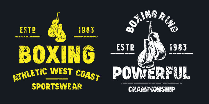 Boxing match emblem for t-shirt. Graphic design with rough texture. Blue print on pink background