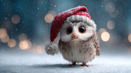 Adorable baby owl wearing a festive Santa hat, looking curious in a snowy winter setting.