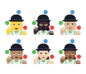 juggler person entertainer entertainment circus clown fun joy bowler hat juggling balls emoji symbol sign icon vector illustration isolated flat woman female women