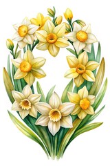 Obraz premium Watercolor painting of a beautiful daffodil and freesia flower arrangement, springtime