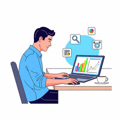 Uomo d'affari che lavora al computer portatile con grafici e dati finanziari.