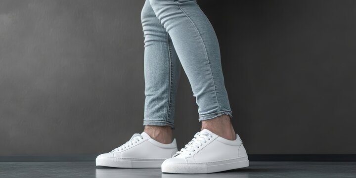 Young Man in Casual Fashion Wearing Gray Jeans and Stylish White Sneakers, Close-Up Shot for Web Use