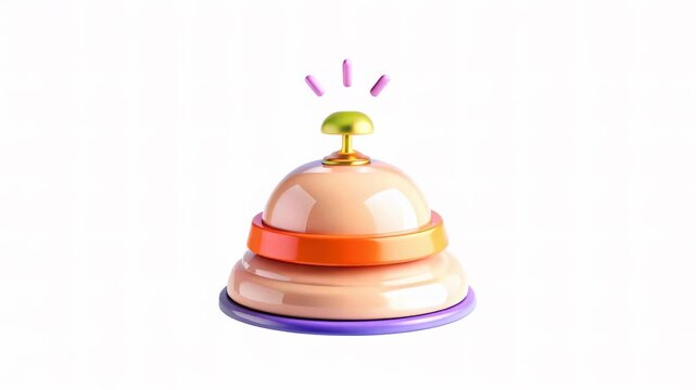 A colorful 3D bell-shaped object with layered rings in shades of orange, purple, and cream, set against a light background.