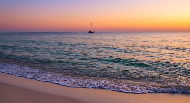 Ocean sunset with sailboat silhouette and serene water landscape scenery - Powered by Adobe