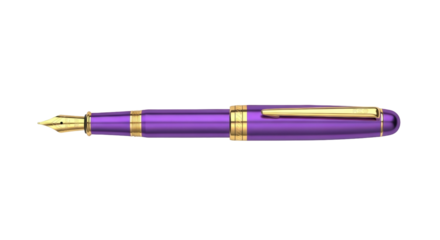 Isolated purple fountain pen with gold trim, luxury writing instrument for paper notes