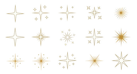 A collection of golden star and sparkle icons, featuring various designs for decorative graphic resources.