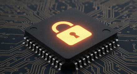 Illuminated open padlock icon on a microchip, set against a dark circuit board, symbolizing digital security vulnerability, data breach risks, and cybersecurity threats in modern technology