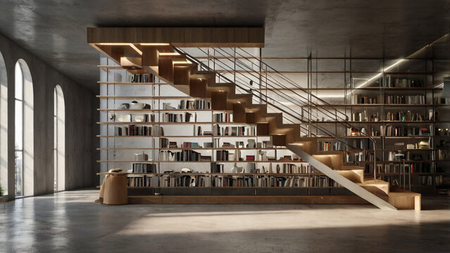 A modern architectural marvel featuring a staircase integrated with bookshelves, illuminated by natural light streaming through arched windows, creating a serene and intellectual atmosphere