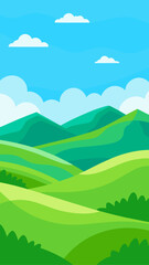 Obraz premium Vibrant green rolling hills under a bright blue sky with fluffy clouds