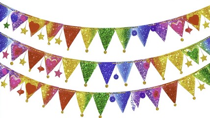 Colorful glittery triangular party banners with stars and hearts on a white background