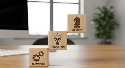 Wooden blocks representing teamwork, innovation, and strategy as steps to success on an office desk.
