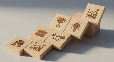 Wooden blocks arranged in a staircase shape, each with a business-related icon, symbolizing growth and success.