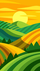 Obraz premium Vibrant abstract rolling hills and fields under a warm sunset sky