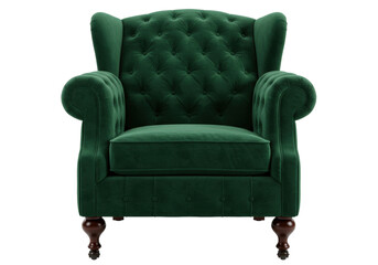 Fototapeta premium Isolated green velvet armchair, stylish living room furniture for comfortable sitting and decor