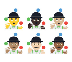 juggler man person entertainer entertainment circus clown fun joy bowler hat juggling balls emoji symbol sign icon vector illustration isolated flat