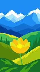 Obraz premium Stylized landscape with a large yellow flower in the foreground and blue mountains in the background