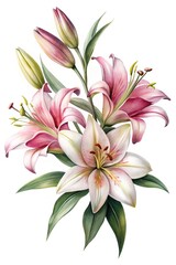 Naklejka premium Elegant Floral Still Life Featuring Pink and White Lilies on White Background