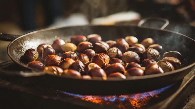 Roasting chestnuts in skillet over open flame on wooden surface  
