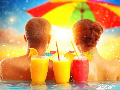 A couple enjoys tropical drinks under a sun umbrella by the infinity pool, as the sun sets over a breathtaking ocean view