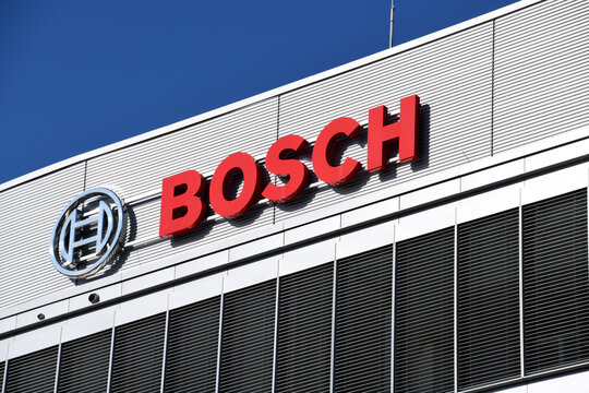 Stuttgart, Germany - July 2, 2025:  Bosch logo at the Bosch IT-Campus in Stuttgart - BOSCH is a German multinational engineering and technology company headquartered in Gerlingen