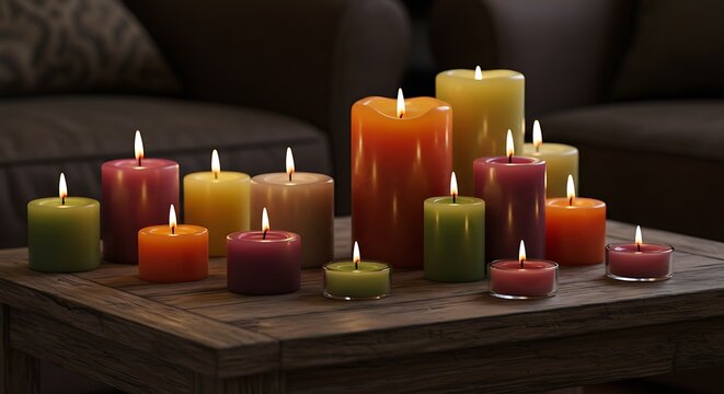 Lit candles on wooden table decorative arrangement warm lighting - Powered by Adobe