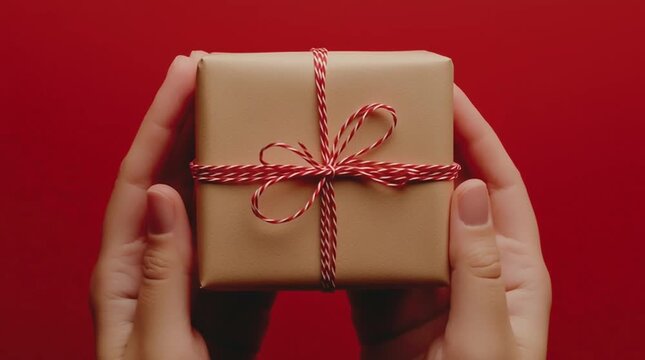 Female hands holding a small beige gift box tied with red twine on a red background.